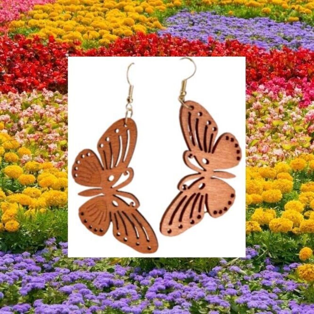 Wood NEW Dangle Earrings BUTTERFLY Brown Natural Lightweight Laser Cut Dolly